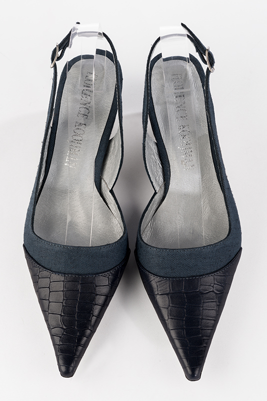 Navy blue women's slingback shoes. Pointed toe. Medium comma heels. Top view - Florence KOOIJMAN